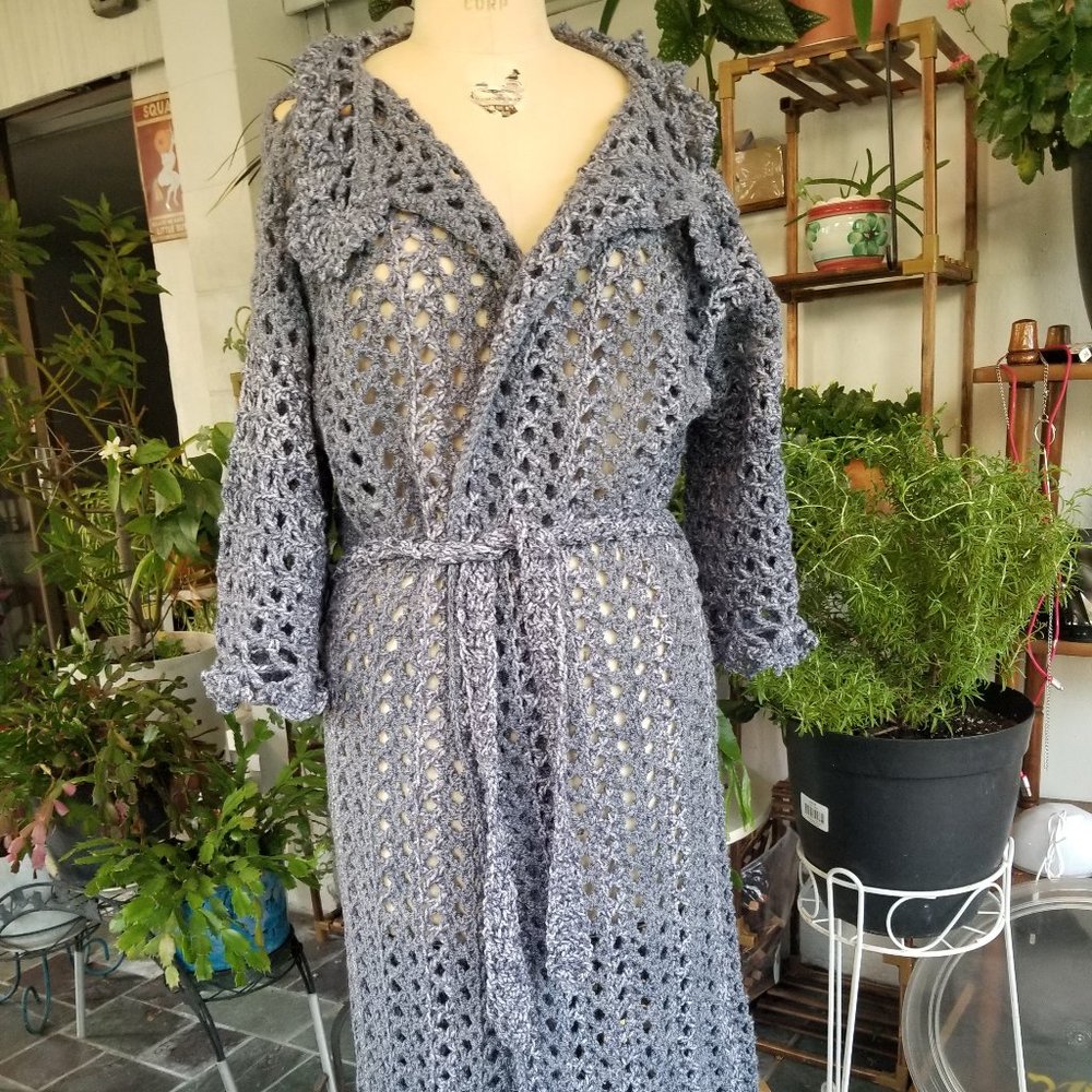 Crochet Faded Denim MAXI DUSTER MED LG Handmade Chic